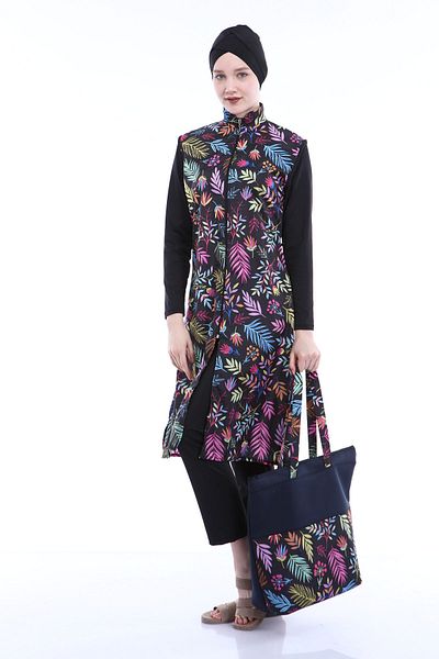 Remsa Mayo Full Covered Hijab Swimsuit Sea Swimsuit Colorful Flowers Td21-249 Black