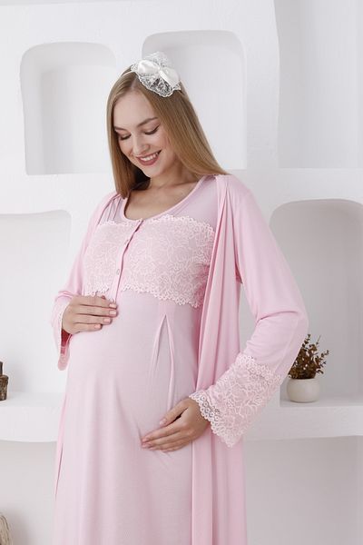 ERDENİZ TEKSTİL Maternity Long Sleeve Maternity Button Collar Nightgown Set of 2 with Guipure Detail