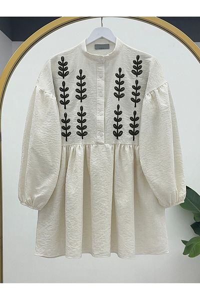 Modamorfo Ecrufarbene Leinen-Tunika – mit Ponch-Stickerei und halbem Knopf