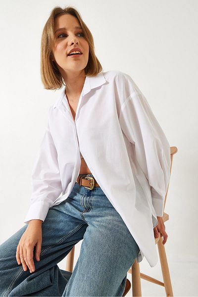 Bianco Lucci Oversize Women's Shirt - Oval Cut, Side Slit G1004 60261155
