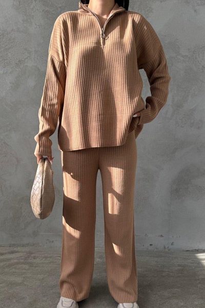 Ded COLLECTION Women's Front Half Zip Sweater Wide Leg Pants Comfortable Ribbed Knitwear Set