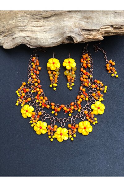 MODA El yapımı bakır tel sarma- fimo çiçekli kolye küpe