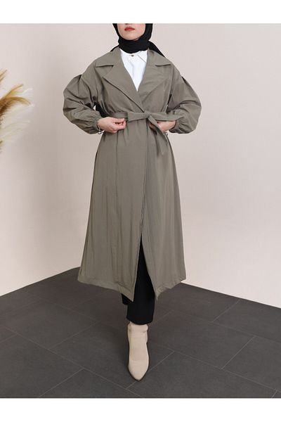 Modamorfo Gefütterter Trenchcoat mit elastischen Ärmeln und Gürtel – Khaki