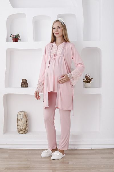 ERDENİZ TEKSTİL Long Sleeve Laced Pajamas Set - Button Collar, Dressing Gown, 3-Piece Set