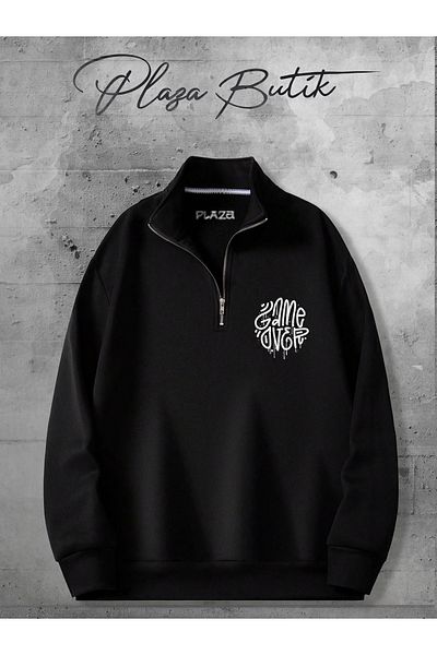 Plaza Butik Men's Relaxed Fit Oversize Cotton Fleece Half Zipper Stand Collar Game over Printed Sweatshirt
