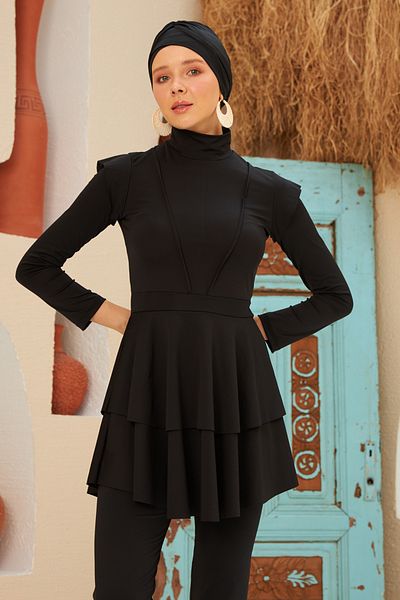 Remsa Mayo Ολόσωμο Lycra Πλήρως καλυμμένο μαγιό Hijab Μαγιό με λεπτομέρεια βολάν LT23-01 Μαύρο