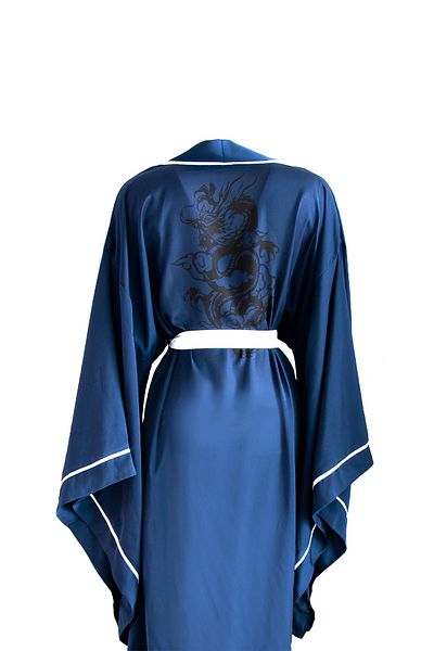 Mita Concept Dragon Patterned Navy Blue Bat Sleeve Satin Kimono