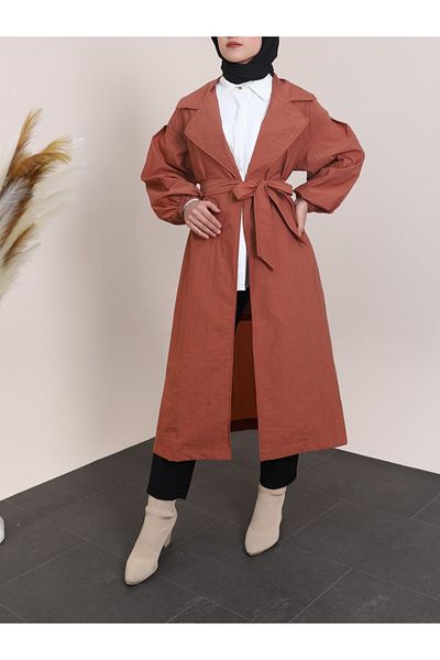 Modamorfo Fliesenfarbener Trenchcoat mit elastischen Ärmeln und Gürtelfutter