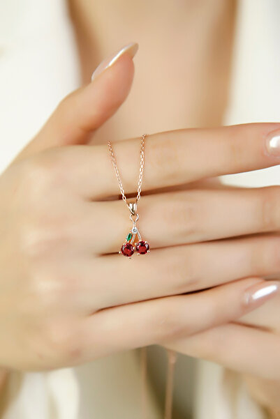 SARIASLAN Yakut Taşlı Kiraz Gümüş Kolye Kırmızı Altın Renginde