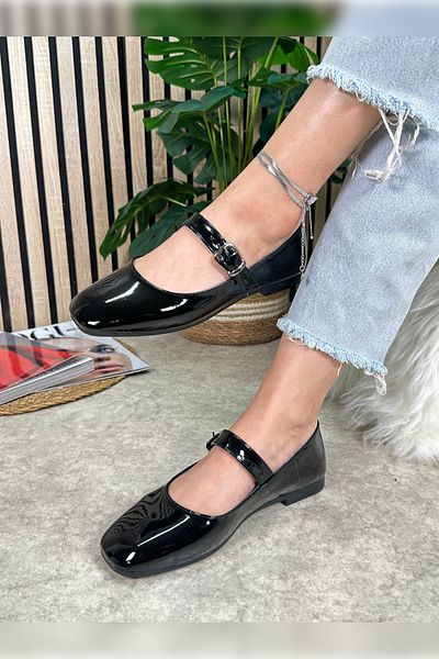 İmerShoes Balerini din piele neagră pentru femei de zi cu zi, cu cataramă reglabilă, cu toc mic, pantofi moi și confortabili 506