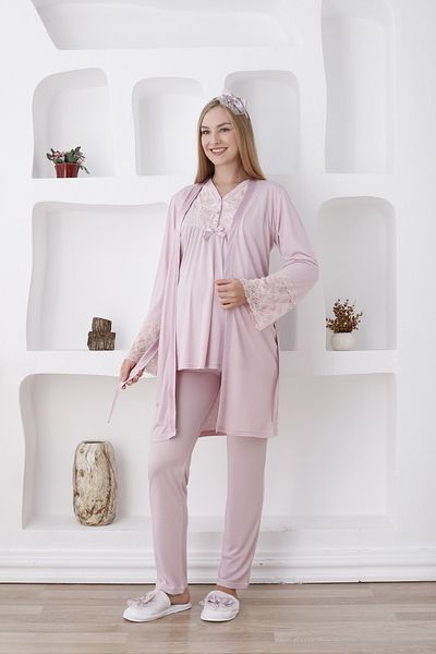 ERDENİZ TEKSTİL Long Sleeve Laced Pajamas Set - Button Collar, Dressing Gown, 3-Piece Set