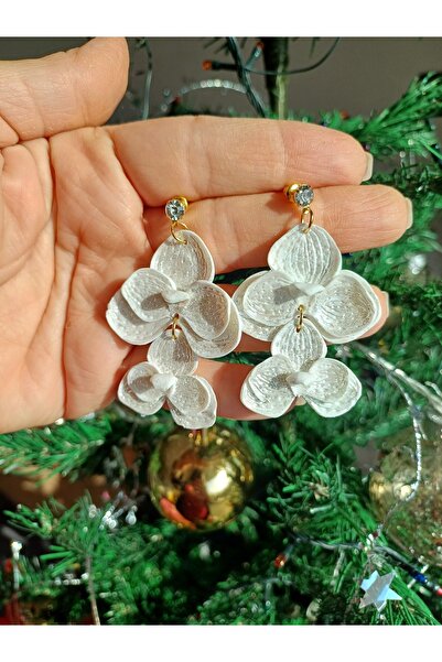 CREATİVESHOP White Orchid Clay Earrings, Dangle Clay Earrings, Special Day Earrings