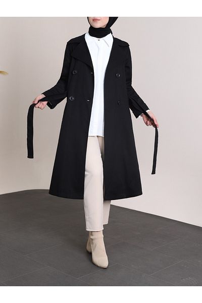 Modamorfo Trenchcoat mit gefalteten Ärmeln und geknöpftem Gürtel – Schwarz
