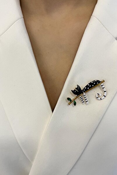 Modex Altın Rengi Puantiye Detaylı Mineli Yatan Kedi Broş (5cm)