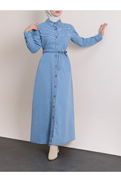 Modamorfo Yakası Ve Göğsü Taşlı Eskitme Kot Elbise -Açık Mavi