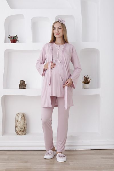 ERDENİZ TEKSTİL Long Sleeve Button Collar Maternity Pajamas Set with Dressing Gowns Set of 3