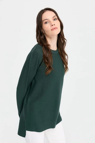 Desen Triko Green Women's Sweater - Crew Neck and Slit 24357