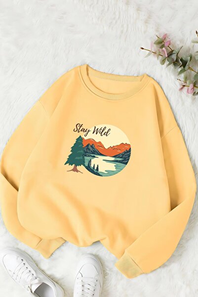 Kadın Denfa Moda Bisiklet Yaka Sweat Sarı Kadın