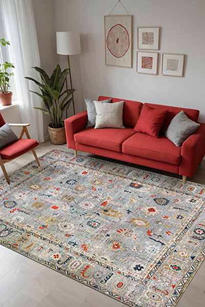 AIDA HOME Beleni Vintage Desenli Pamuk Tabanlı Yıkanabilen Kaydırmaz Antibakt...