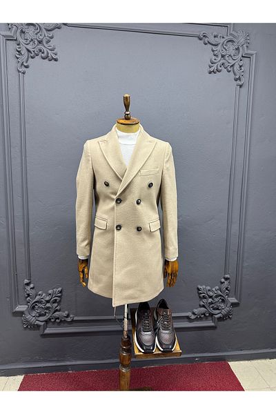 ALTINYILDIZ CLASSICS Keep Warm Stamp Standard Fit Regular Cut Mono Collar Crossed Beige Wool Coat