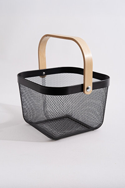 Rafiste معدن أسود - سلة تخزين تنظيم متعددة الأغراض بمقبض خشبي