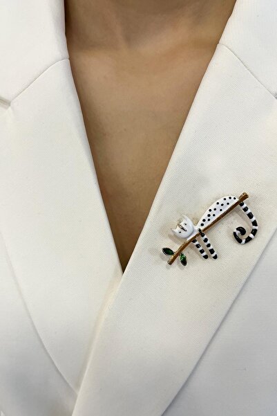 Modex Altın Rengi Puantiye Detaylı Mineli Yatan Kedi Broş (5cm)