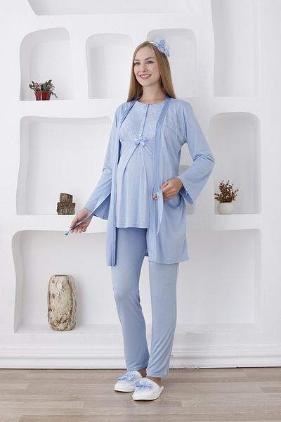ERDENİZ TEKSTİL Set de pijamale de maternitate-maternitate cu halat de baie cu mânecă lungă și guler cu nasturi Set de 3