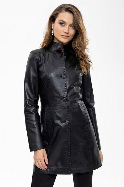 Deriderim Black Cara Short Button Slim Fit Cut Lined Short Genuine Women's Leather Coat
