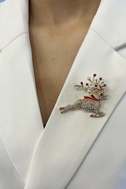 Modex Altın Rengi Taşlı İncili Geyik Broş (4cm)