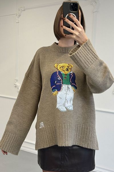 MAGARDE Pulover de tricotaj supradimensionat CAMEL - Imprimat ursuleț