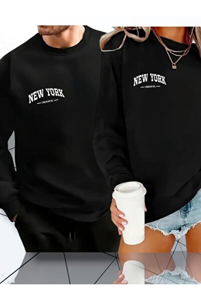 WOODROFFE Dear Couple 2 piese combinație neimprimat/imprimat cu decolteu rotund hanorac negru supradimensionat (prețul este pentru 2 bucăți)