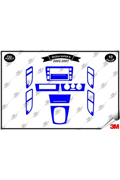 FD Damla Etiket Skoda Superb B V2002-2007 Decorație albastră pentru consola torpedo - Set de 10 bucăți din furnir de mahon