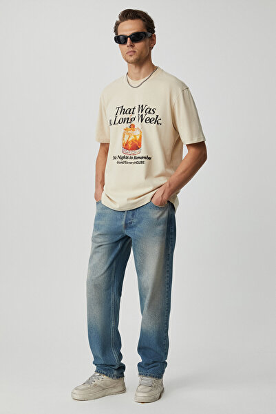 GRIMELANGE LONGWEEK Erkek Pamuklu Yuvarlak Yaka Comfort Krem T-Shirt