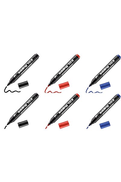 Edding قلم تحديد دائم EDDING - طرف دائري، أحمر ED-103، أسود-أزرق-أحمر (6 قطع)