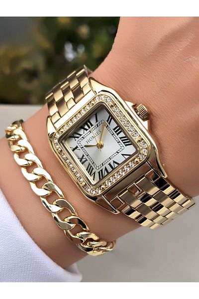 Homies Square Gold Color Original Invoiced Waterproof Women's Wrist Watch with Bracelet Gift