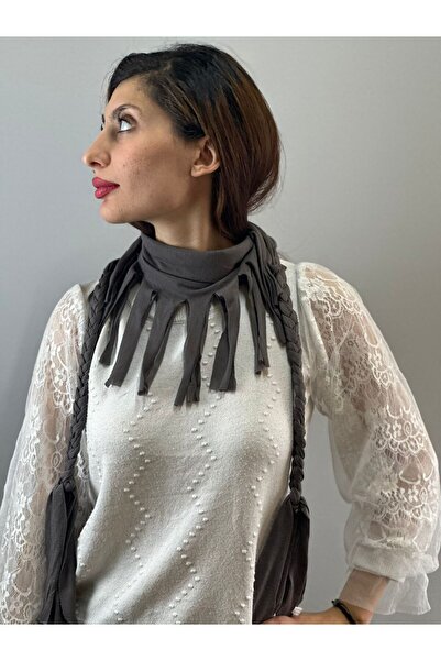 Gönülden Tasarım Gray Combed Cotton Tasseled Women's Scarf Shawl - 150X5 cm