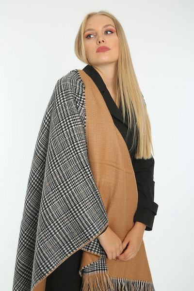 REMSA 70X185 cm kostkovaný vzorovaný oboustranný šátek přes rameno – Camel 1212