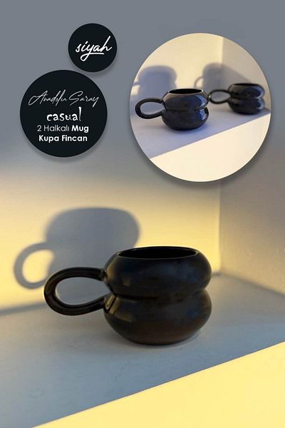 Anadolu Saray Handmade Ceramic Black 2 Ring Handmade Mug Mug Cup Design Mug Mug Cup - 1 Pc