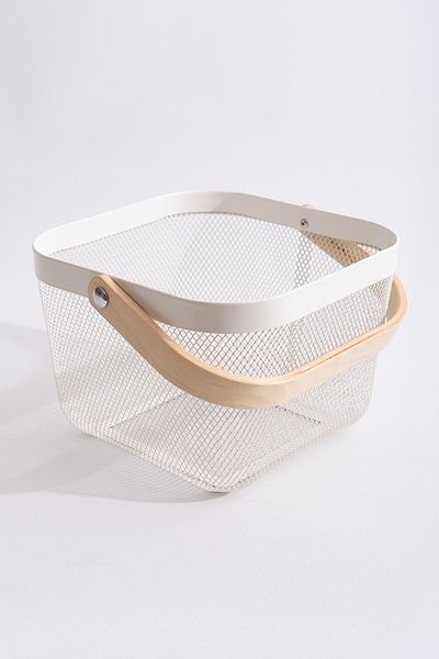 Rafiste White Metal - Multi-Purpose Organizing Storage Basket with Wooden Handle