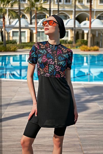 Remsa Mayo Neon R5002 - Semi Covered, Short Sleeve and Lycra Tights Detailed Swimsuit