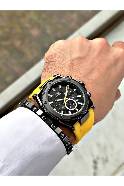 FERRO Yellow Color Silicone Cord Functions Active Men Wrist Watch+Bracelet