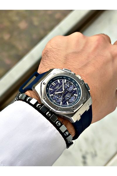 FERRO Navy Blue Color Function Steel Case Silicone Sports Men's Wrist Watch+Bracelet