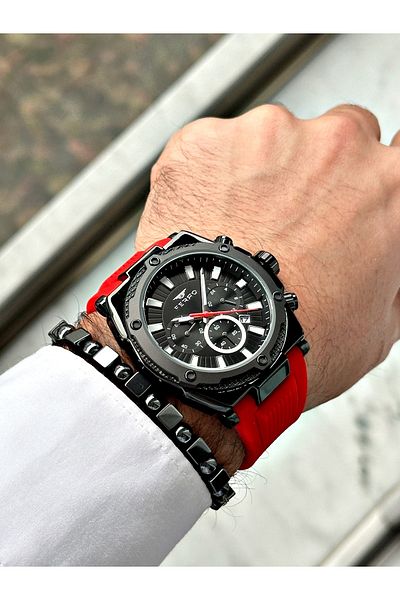 FERRO Red Color Silicone Cord Functions Active Men Wrist Watch+Bracelet