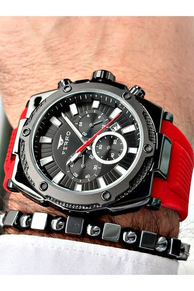 FERRO Red Color Silicone Cord Functions Active Men Wrist Watch+Bracelet