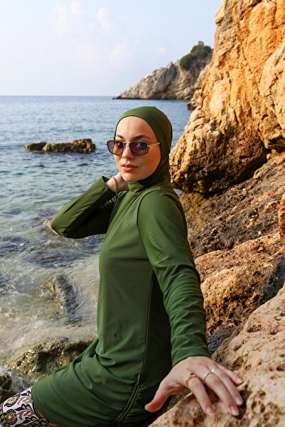 Remsa Mayo Khaki Hijab Swimsuit - Lycra, Full Covered, Wide Leg, 900-303 Model