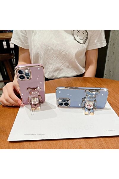 Miscase İphone 14 Plus Glossy Yumuşak Ayıcıklı Boncuklu Stantlı Kapak