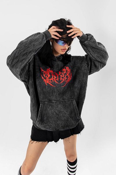 Bak Moda Πλενόμενο Red Dusk Printed Oversize Μαύρο Hoodie