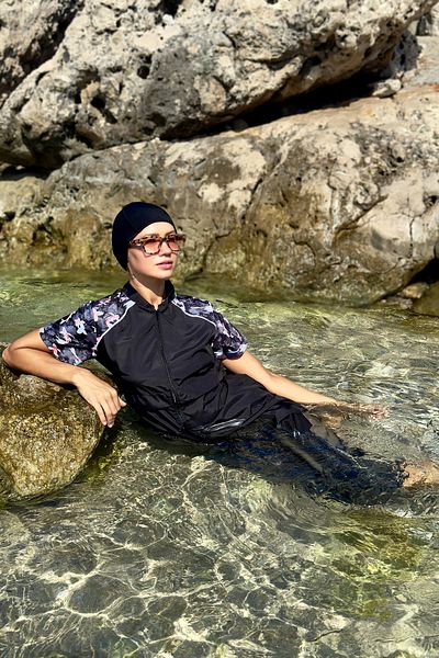 Remsa Mayo Hera Fish 2408 Black Hijab Swimsuit - Parachute Semi Covered