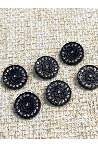 ODDA TASARIM ATÖLYESİ Full Black Floral Pattern Crystal Stone Covered Jacket Button Set(36Size)
