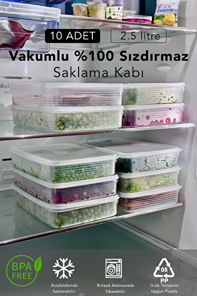 Carat Home Vakumlu %100 Sızdırmaz 10 Adet 2,5 Lt Büyük Boy Dikdörtgen Erzak S...